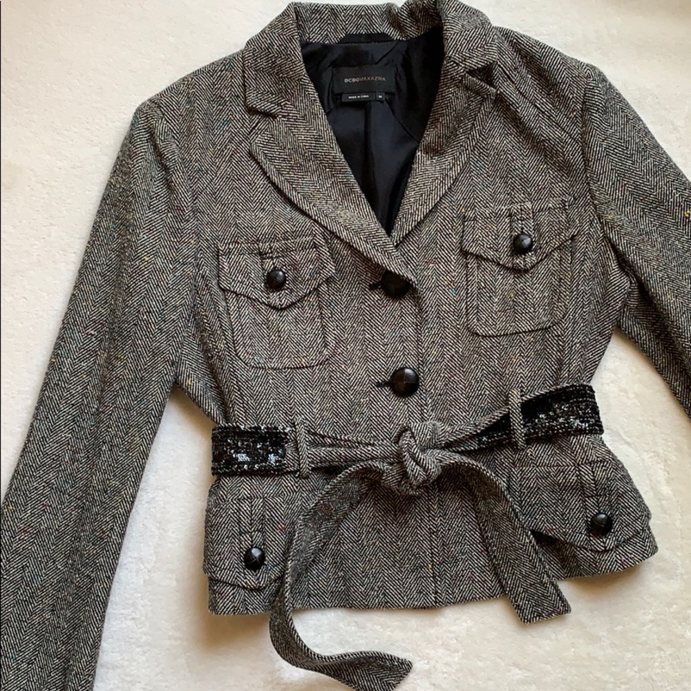 BCBGMAXAZRIA Womens Tweed Jacket Belted Size Medium - Picture 1 of 7
